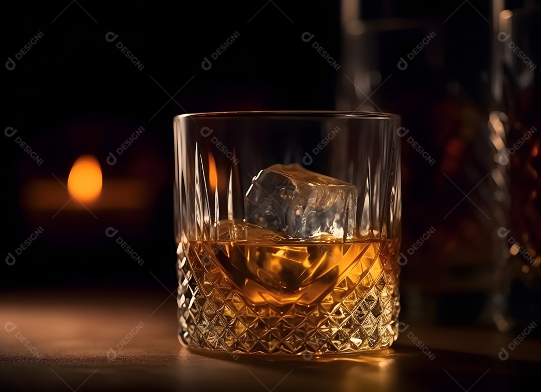 Copo de vidro com bebida e gelo sobre uma mesa de madeira