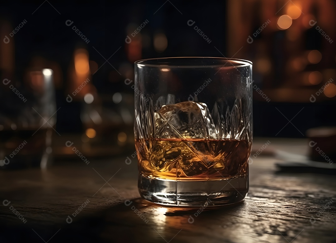 Copo de vidro com bebida e gelo sobre uma mesa de madeira