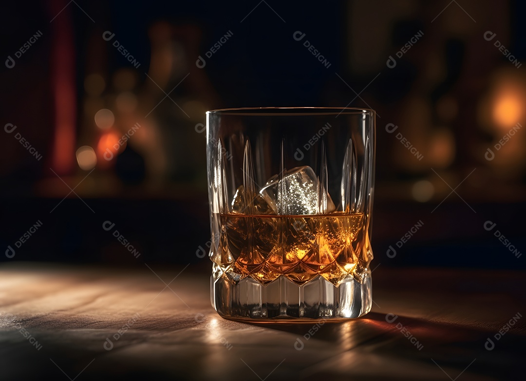 Copo de vidro com bebida e gelo sobre uma mesa de madeira