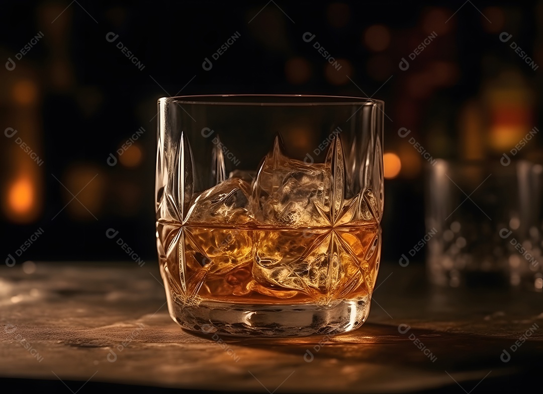 Copo de vidro com bebida e gelo sobre uma mesa de madeira