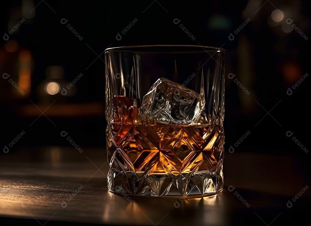 Copo de vidro com bebida e gelo sobre uma mesa de madeira