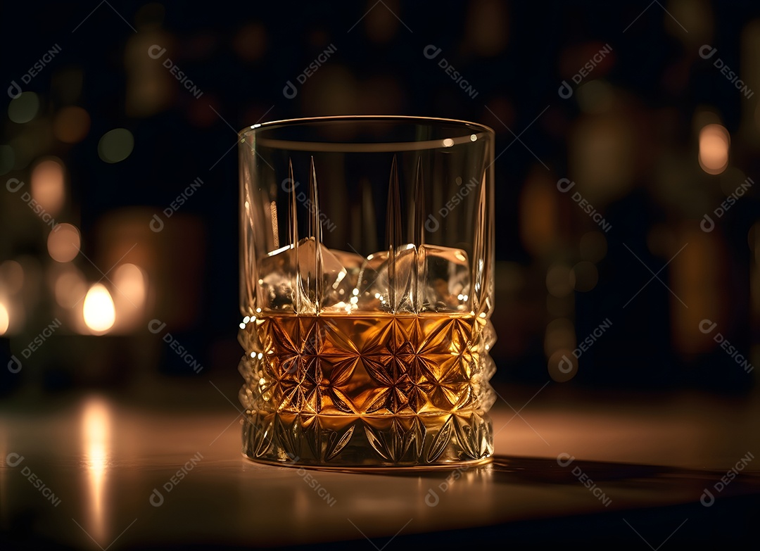 Copo de vidro com bebida e gelo sobre uma mesa de madeira