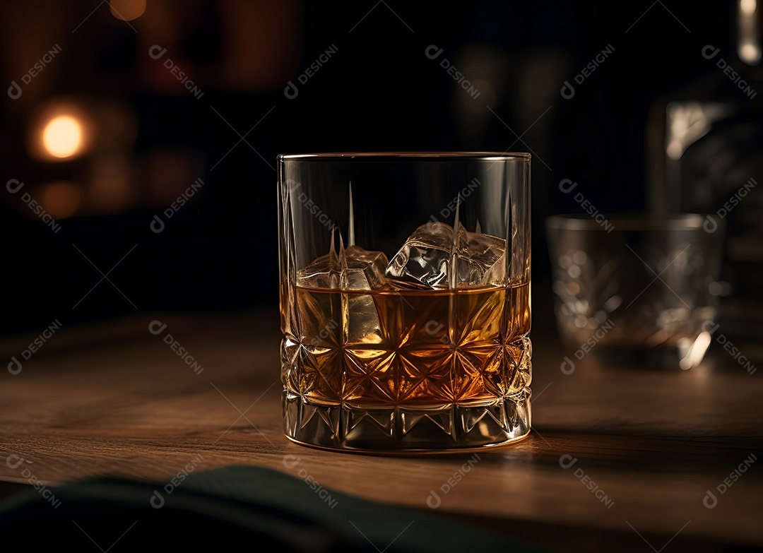 Copo de vidro com bebida e gelo sobre uma mesa de madeira