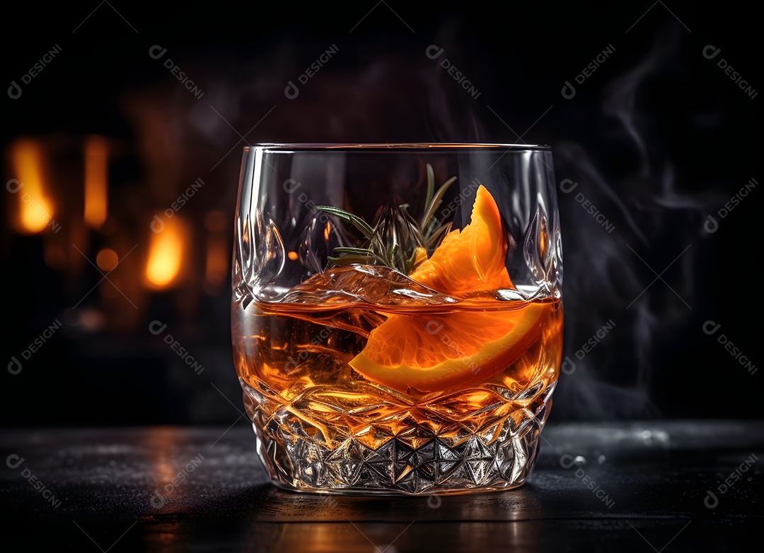 Copo de vidro com bebida e gelo sobre uma mesa de madeira