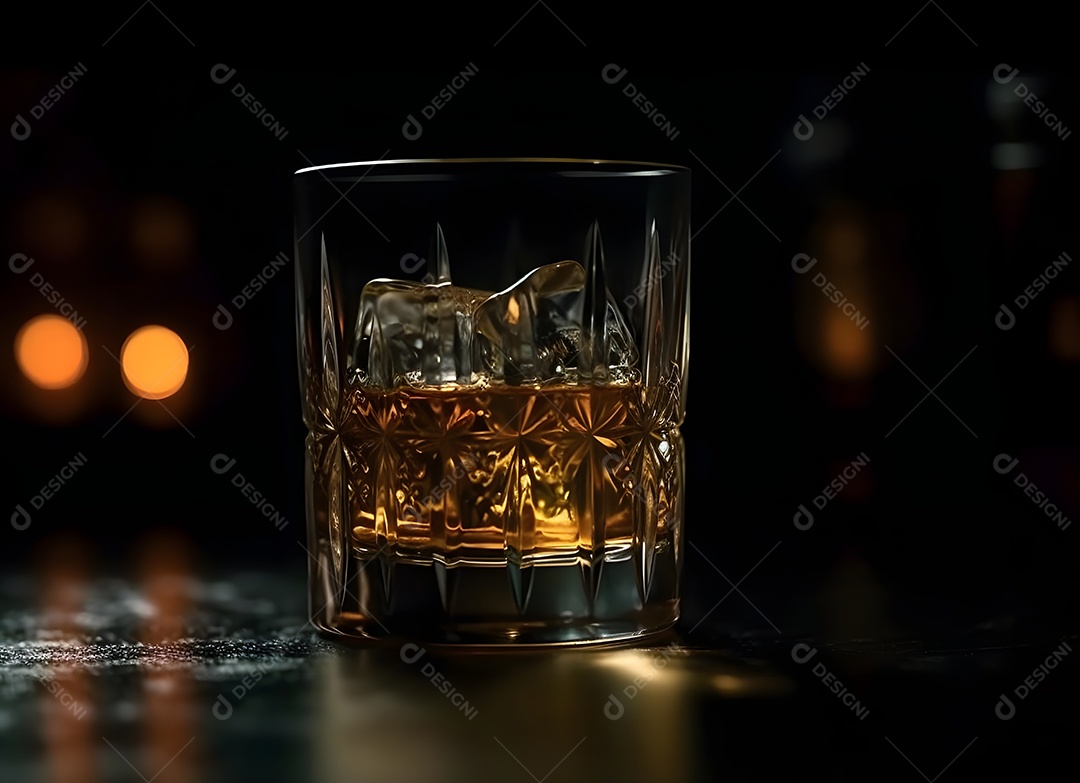 Copo de vidro com bebida e gelo sobre uma mesa de madeira