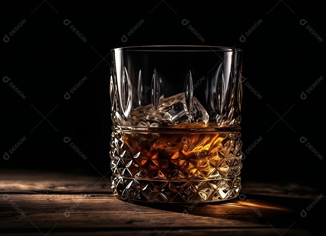 Copo de vidro com bebida e gelo sobre uma mesa de madeira