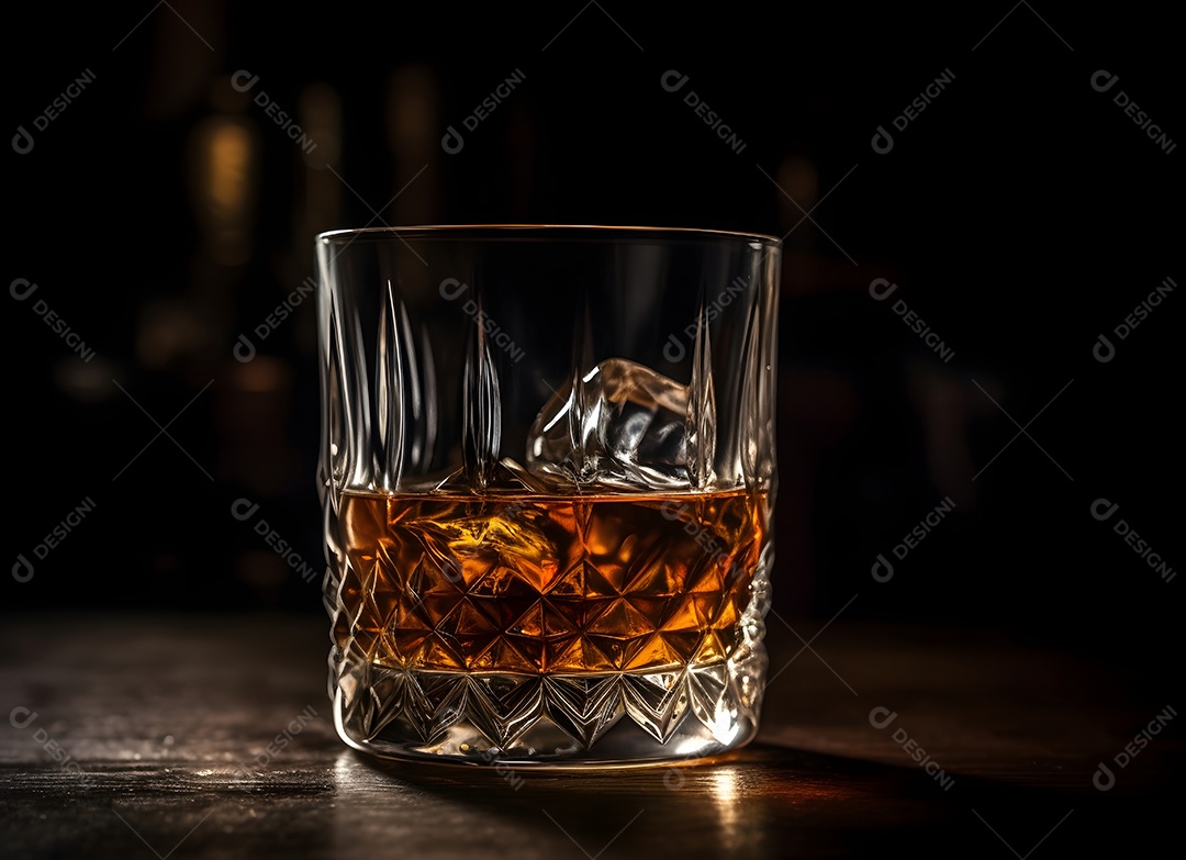 Copo de vidro com bebida e gelo sobre uma mesa de madeira