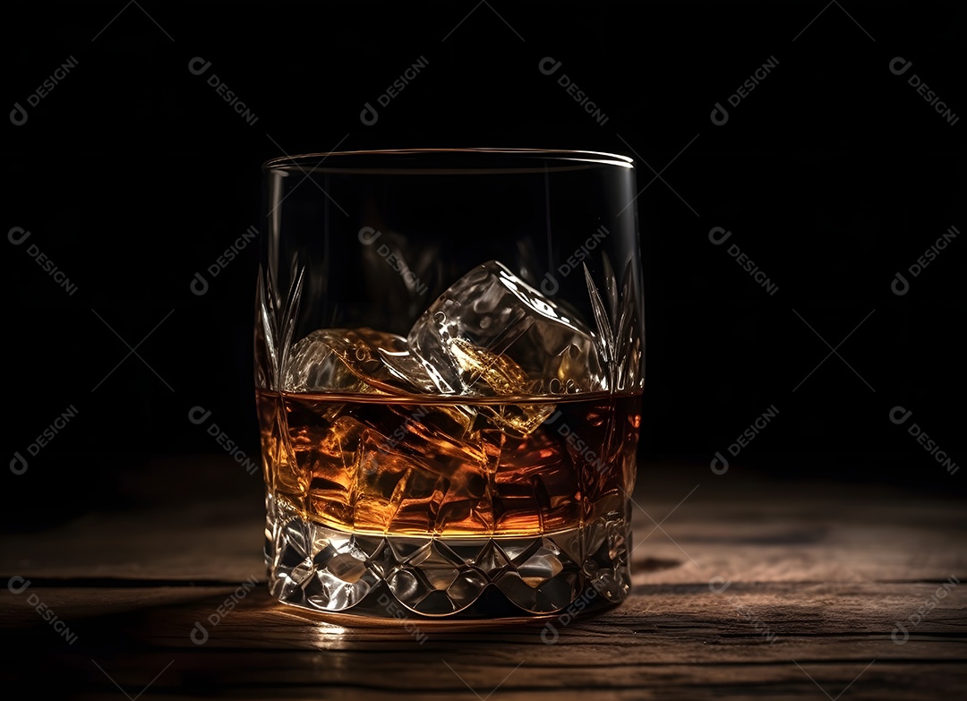 Copo de vidro com bebida e gelo sobre uma mesa de madeira