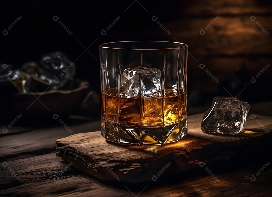 Copo de vidro com bebida e gelo sobre uma mesa de madeira