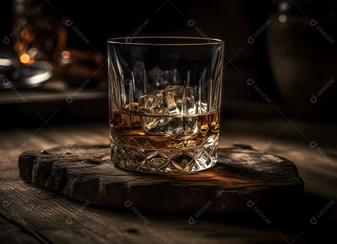 Copo de vidro com bebida e gelo sobre uma mesa de madeira