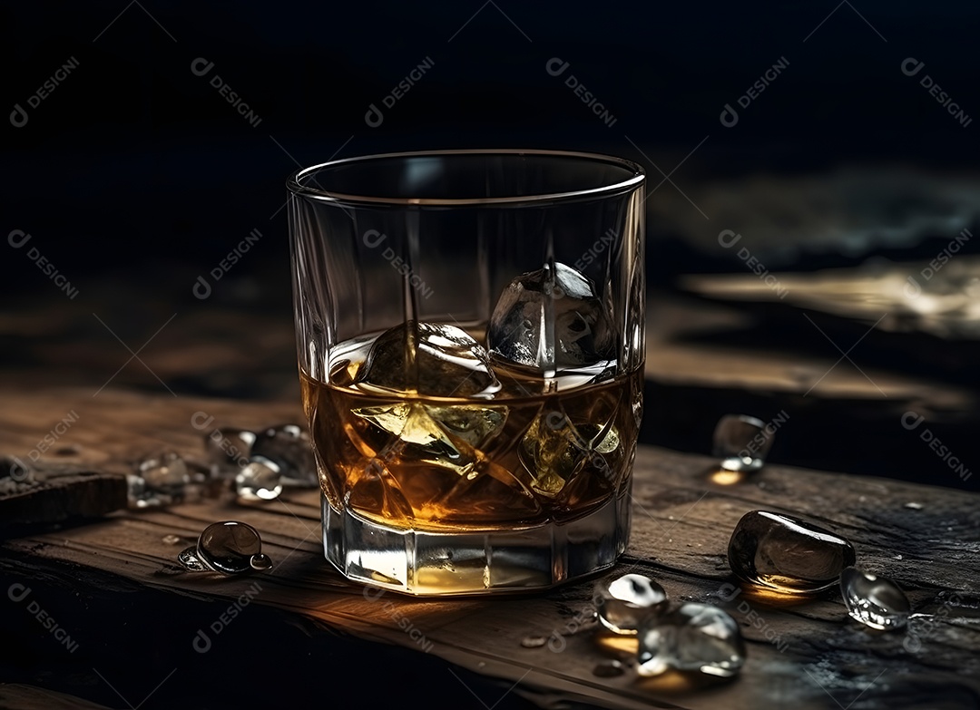 Copo de vidro com bebida e gelo sobre uma mesa de madeira