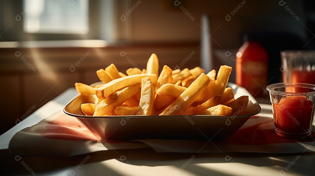 Porção de batata fritas sobre prato em uma mesa de madeira