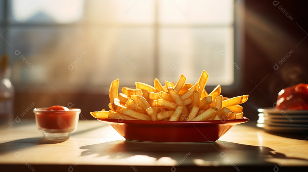 Porção de batata fritas sobre prato em uma mesa de madeira
