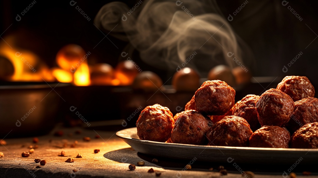 Bolinhos fritos sobre prato em uma mesa de madeira