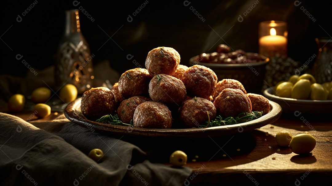 Bolinhos de fritos sobre prato em uma mesa de madeira