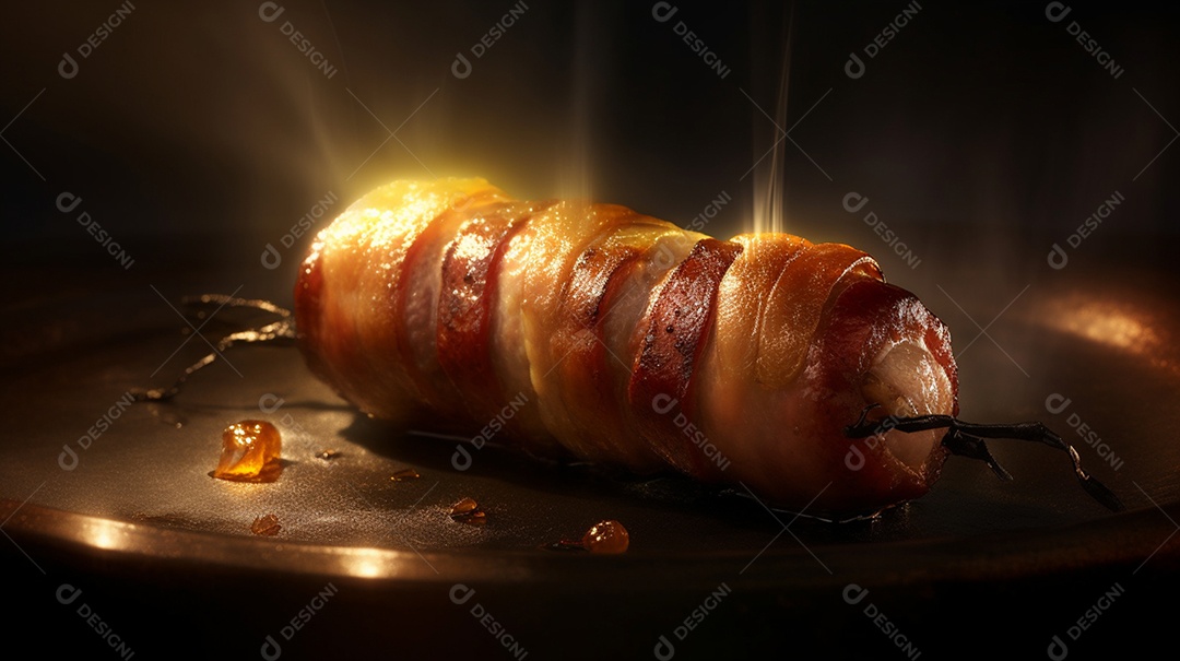 Enrolado de salsicha sobre prato em uma mesa de madeira