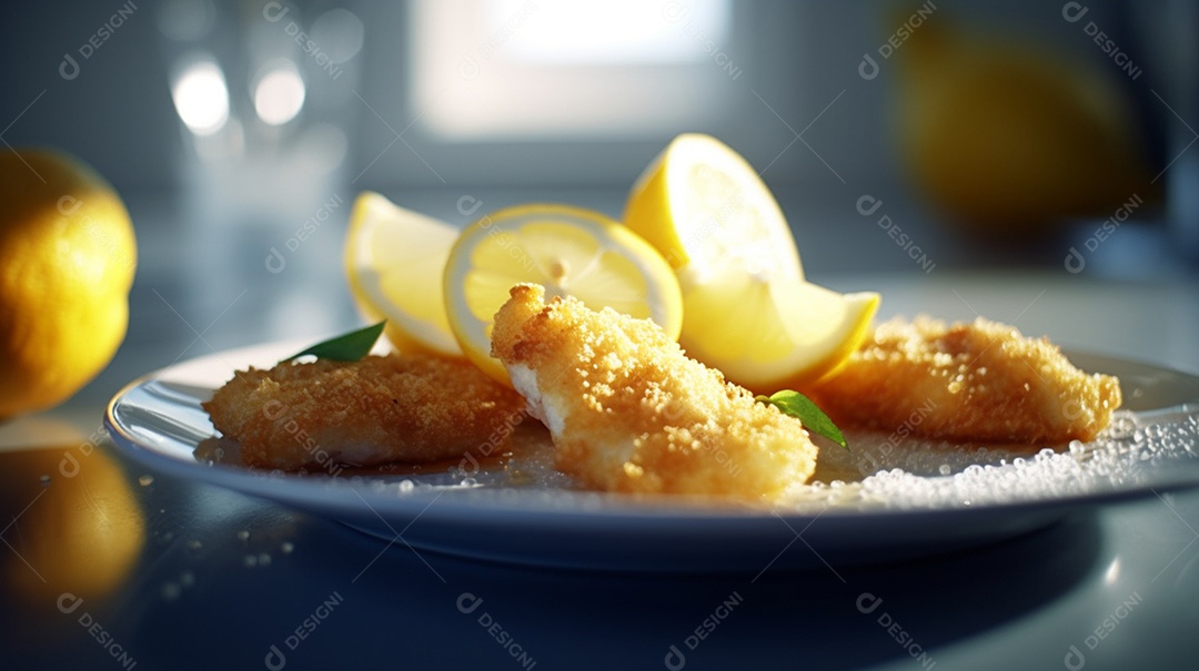 Nuggets de frango sobre prato em uma mesa de madeira