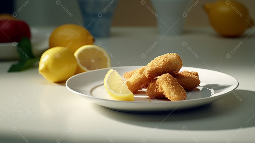 Nuggets de frango sobre prato em uma mesa de madeira