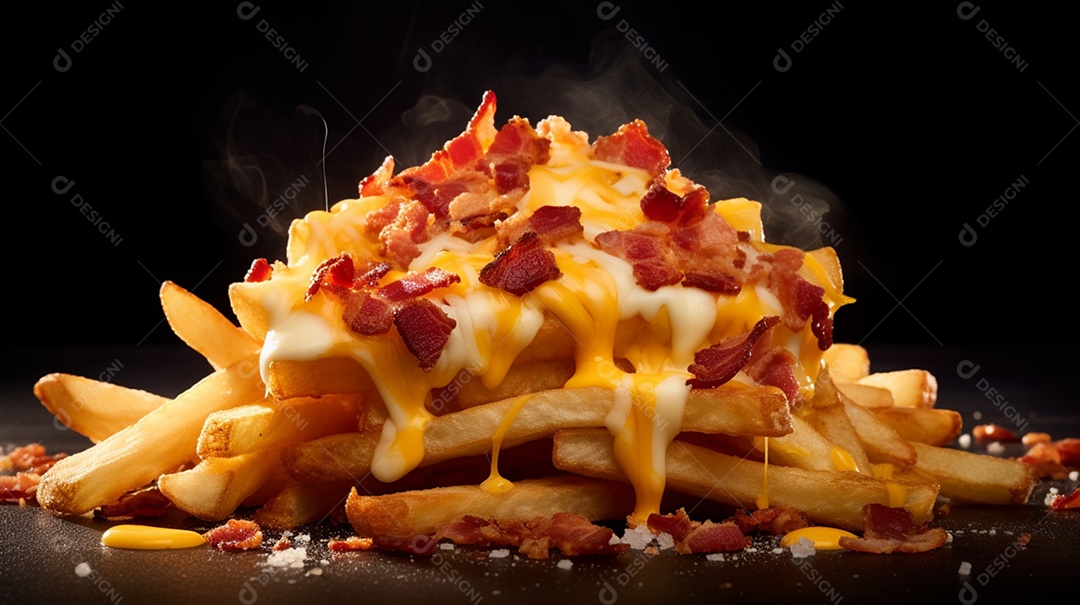 Porção de batata fritas sobre prato em uma mesa de madeira