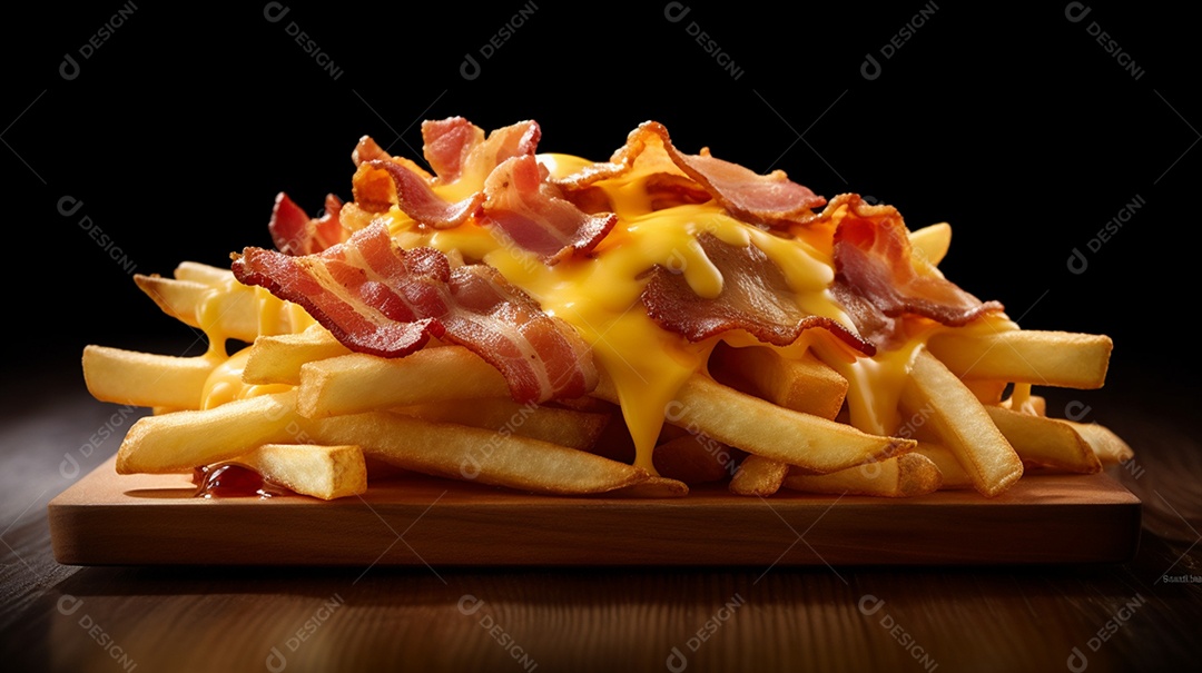 Porção de batata fritas sobre prato em uma mesa de madeira