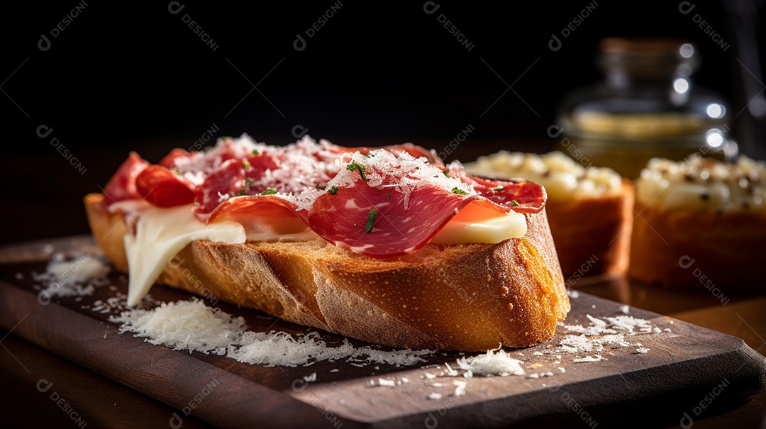 Bruschetta Cogumelo sobre prato em uma mesa de madeira