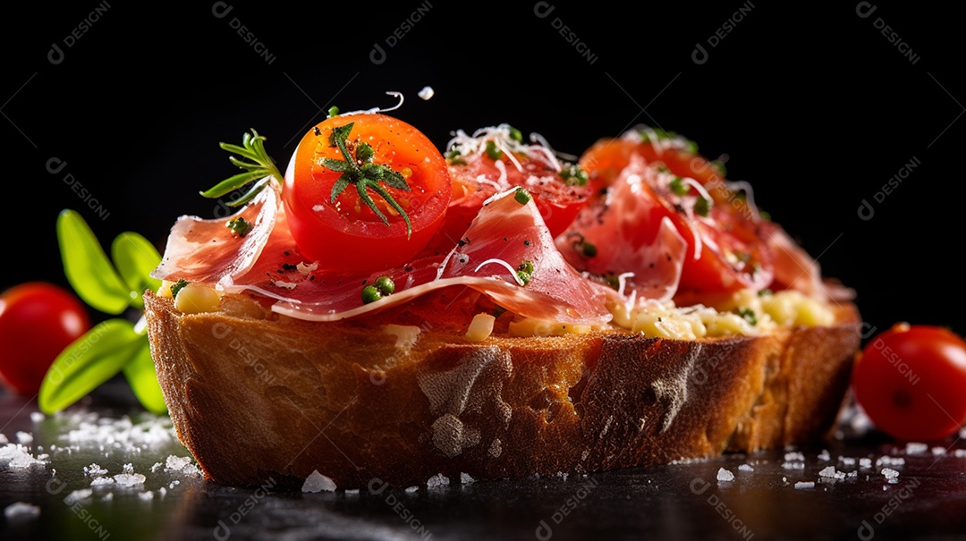 Bruschetta Cogumelo sobre prato em uma mesa de madeira