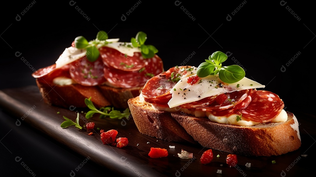 Bruschetta Cogumelo sobre prato em uma mesa de madeira