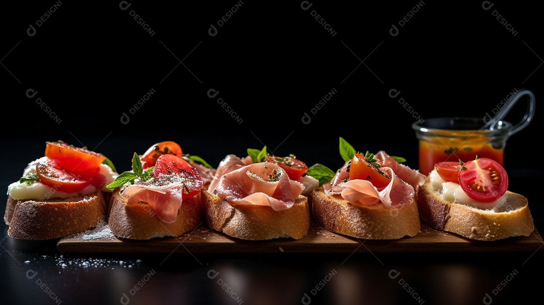 Bruschetta Cogumelo sobre prato em uma mesa de madeira