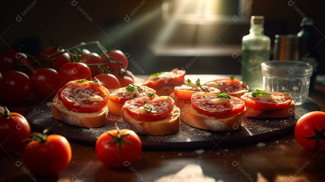 Bruschetta Cogumelo sobre prato em uma mesa de madeira