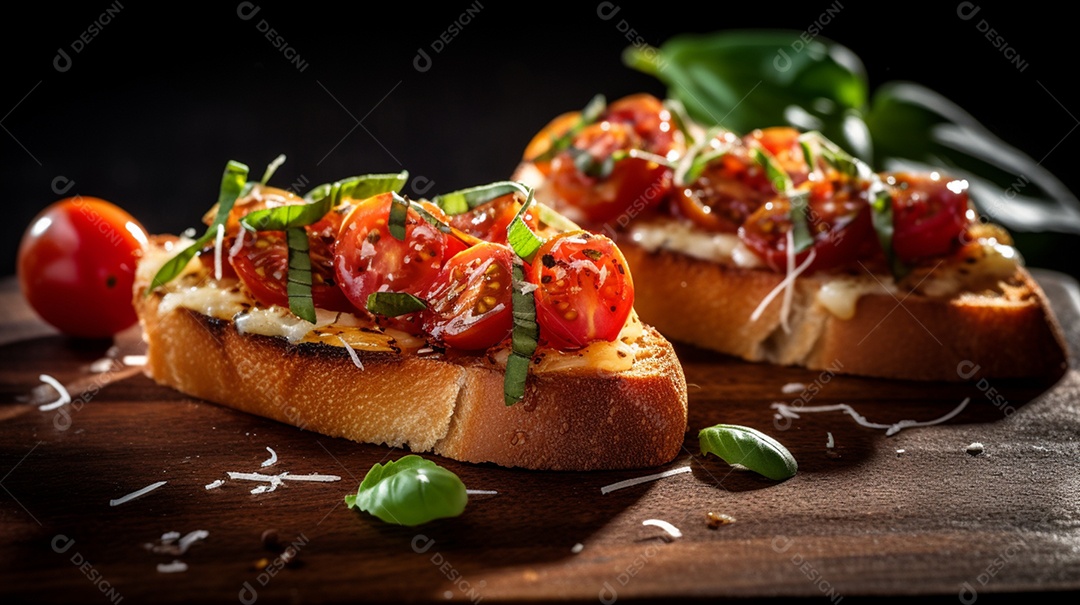 Bruschetta Cogumelo sobre prato em uma mesa de madeira