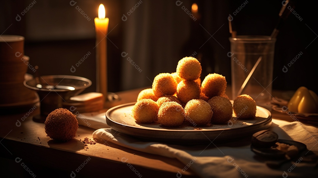 Porção de fritas sobre prato em uma mesa de madeira