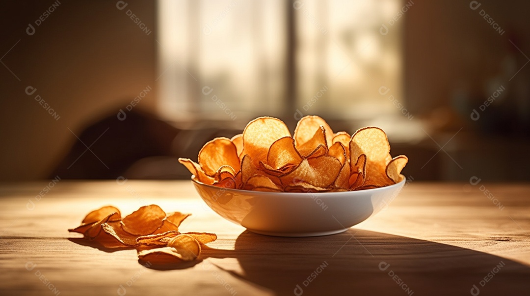 Porções de batata sobre prato em uma mesa de madeira