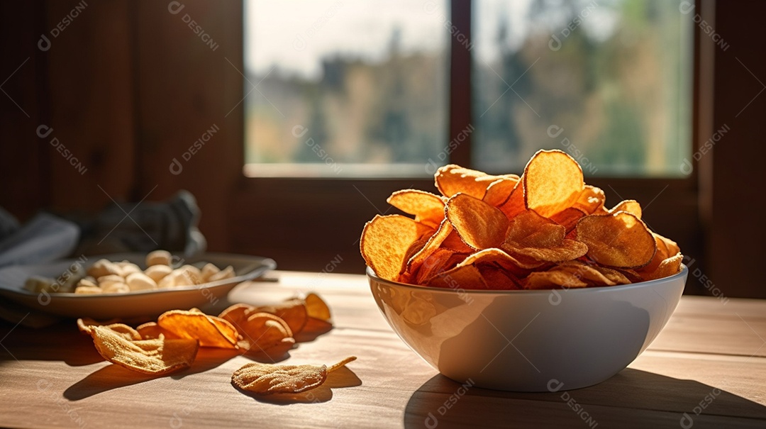 Porções de batata sobre prato em uma mesa de madeira