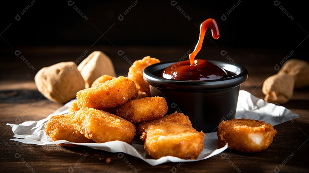 Porções de fritas sobre prato em uma mesa de madeira