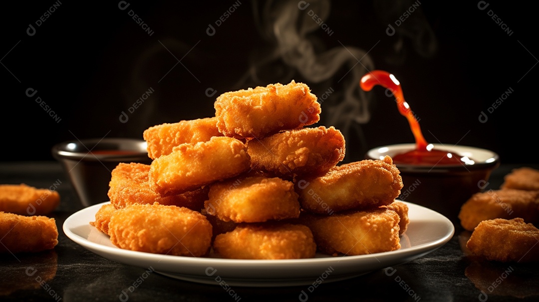 Porções de fritas sobre prato em uma mesa de madeira