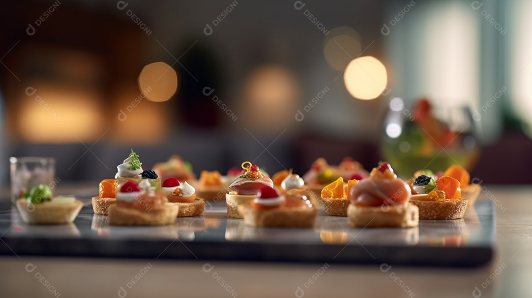 Coquetel sobre prato em uma mesa de madeira