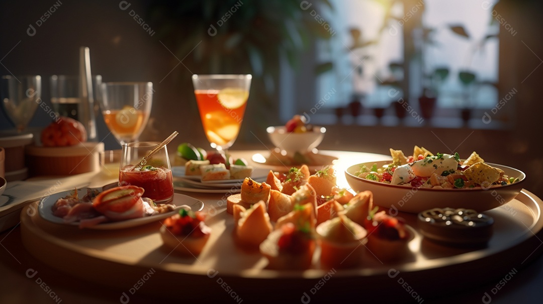 Coquetel sobre prato em uma mesa de madeira