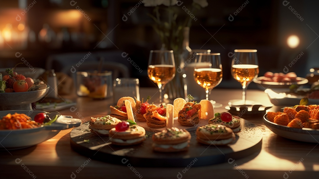 Coquetel sobre prato em uma mesa de madeira