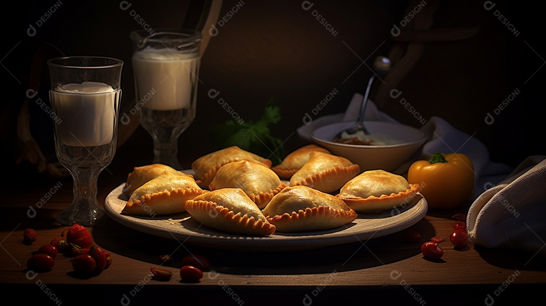 Empanada Iguaria sobre prato em uma mesa de madeira