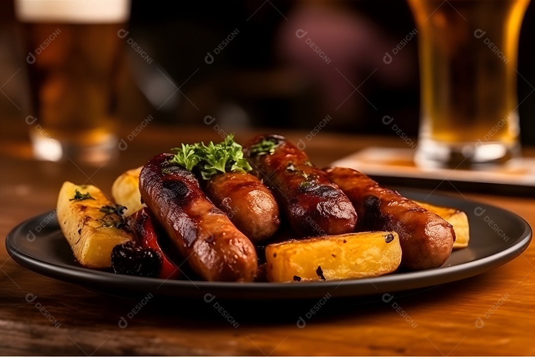 Salsicha Carne sobre prato em uma mesa de madeira