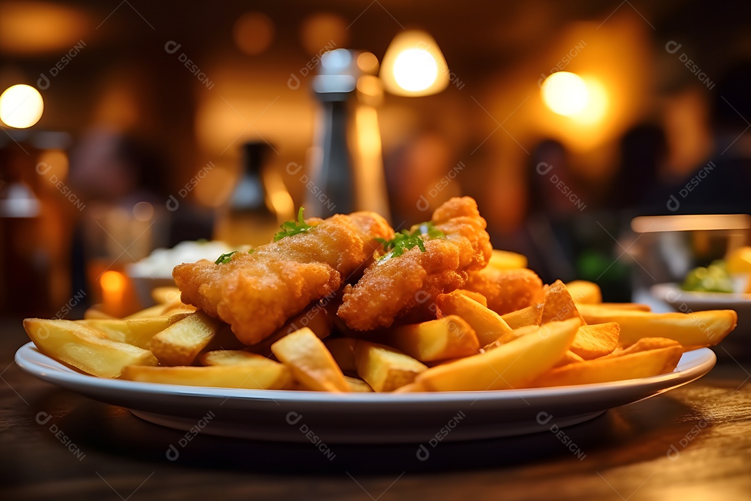 Peixe e fritas sobre prato em uma mesa de madeira