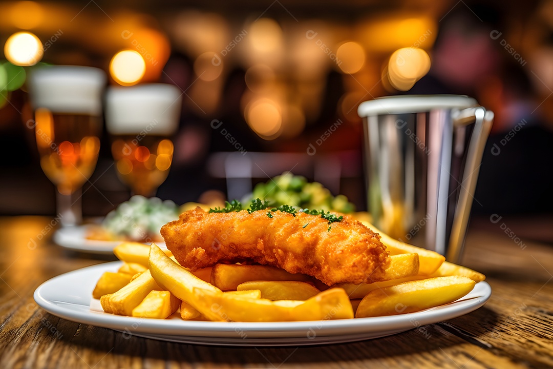 Peixe e fritas sobre prato em uma mesa de madeira