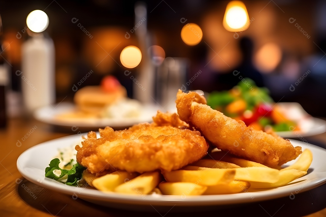 Peixe e fritas sobre prato em uma mesa de madeira
