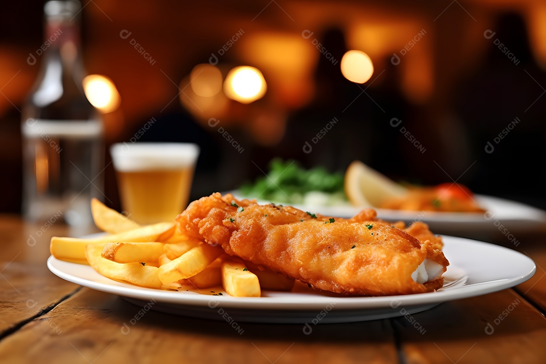 Peixe e fritas sobre prato em uma mesa de madeira