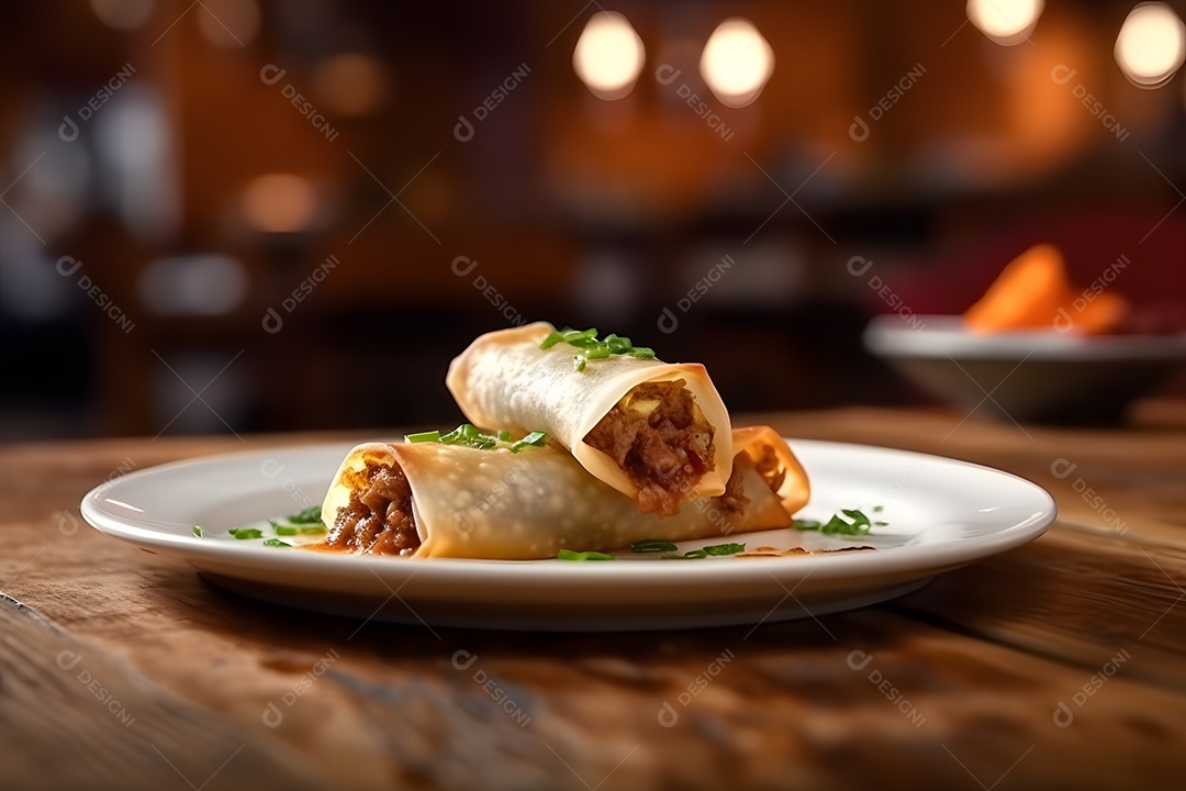 Comida sobre prato em uma mesa de madeira