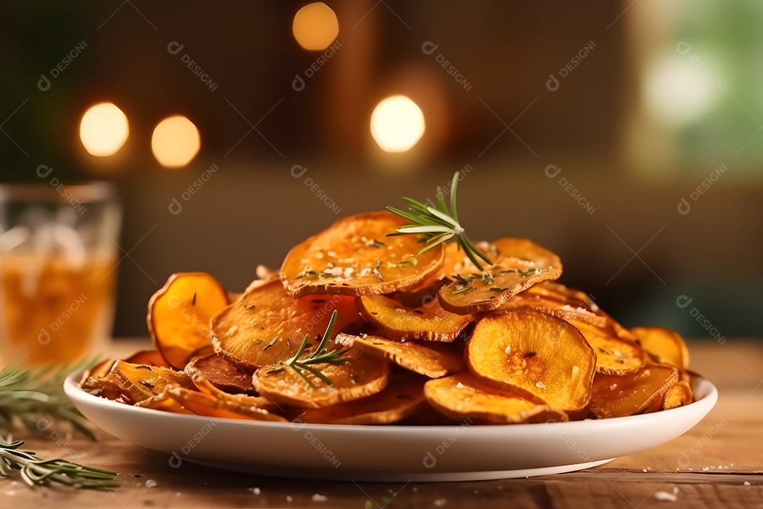 Porções de Batata sobre prato em uma mesa de madeira