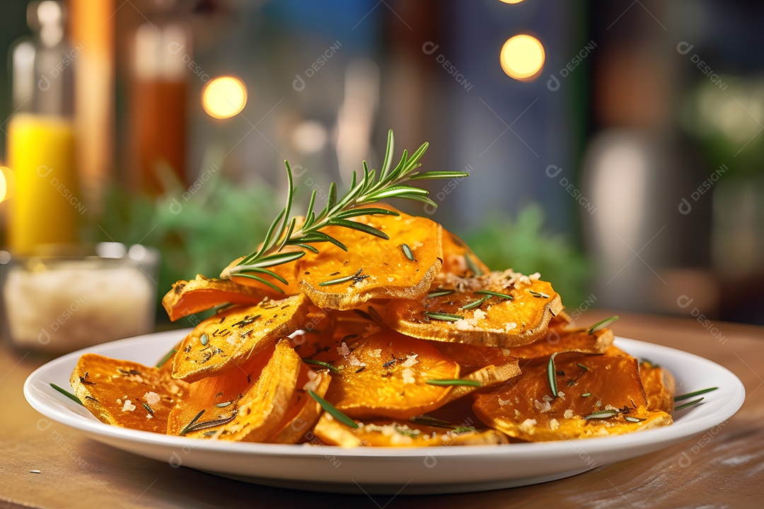 Porções de Batata sobre prato em uma mesa de madeira