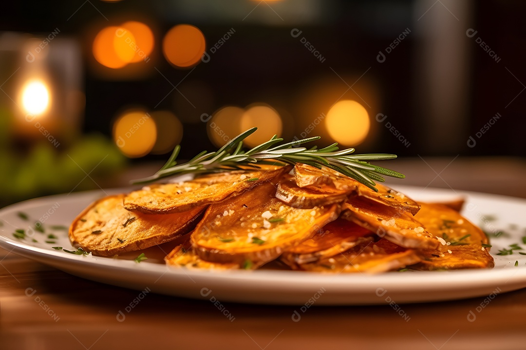 Porções de Batata sobre prato em uma mesa de madeira