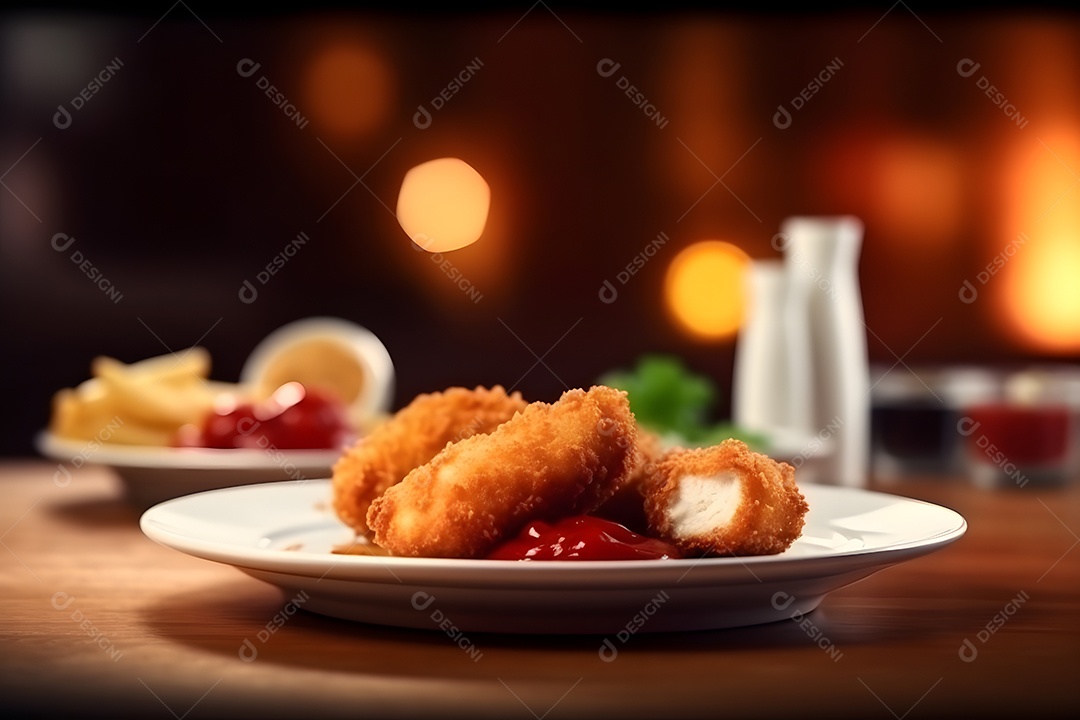 Nugget de frango sobre prato em uma mesa de madeira