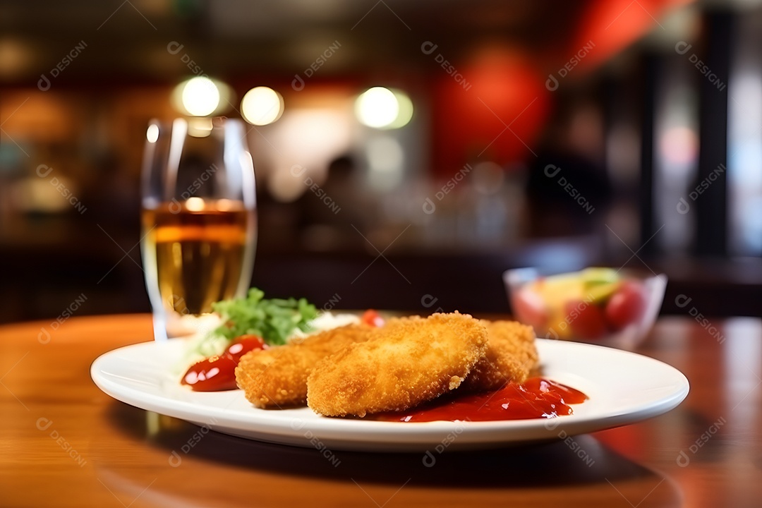 Nugget de frango sobre prato em uma mesa de madeira